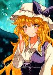  1girl bangs blonde_hair blue_moon blush bow breasts buttons closed_mouth collared_shirt eyebrows_visible_through_hair full_moon hand_up hat hat_bow looking_at_viewer medium_breasts moon purple_bow qqqrinkappp sample shirt sidelocks smile solo touhou traditional_media upper_body watatsuki_no_toyohime white_hat white_shirt yellow_eyes 