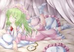  1girl aka_tawashi bed blush bow commentary_request crescent_print curtains dress eyebrows_visible_through_hair frills green_eyes green_hair hat kazami_yuuka kazami_yuuka_(pc-98) long_hair long_sleeves looking_at_viewer lying neck_bow nightcap nightgown no_shoes on_stomach one_eye_closed one_leg_raised pillow pink_dress pocket_watch red_bow red_neckwear smile socks solo star star_print touhou touhou_(pc-98) watch white_legwear 