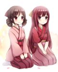  2girls bow brown_hair drill_hair full_body hair_bow hakama harukaze_(kantai_collection) japanese_clothes kamikaze_(kantai_collection) kantai_collection kimono long_hair mazeru_(jisjifin) meiji_schoolgirl_uniform multiple_girls pink_hakama pink_kimono purple_hair red_bow red_eyes red_hakama red_kimono seiza sitting twin_drills violet_eyes white_background yellow_bow 