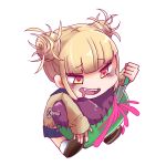  1girl akaji_(alpha0107) blonde_hair blood boku_no_hero_academia brown_footwear chibi drooling fangs heart heart-shaped_pupils heart_(organ) holding holding_knife knife long_sleeves no_nose open_mouth screw skirt solo stitches symbol-shaped_pupils toga_himiko white_background yellow_eyes 