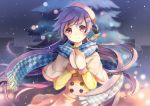  1girl blue_scarf blush capelet checkered checkered_scarf eyebrows_visible_through_hair hair_ornament hairclip holding long_hair long_sleeves looking_at_viewer mittens original outdoors pink_eyes purple_hair red_eyes scarf sibyl smile solo 
