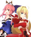  &gt;:) 2girls :d ahoge animal_ears back-to-back bangs bare_shoulders blonde_hair blue_bow blue_kimono bow braid brown_eyes closed_mouth detached_sleeves dress epaulettes eyebrows_visible_through_hair fang fate/extra fate_(series) fox_ears fox_girl fox_tail hair_between_eyes hair_bow hair_intakes japanese_clothes juliet_sleeves kimono long_hair long_sleeves looking_at_viewer looking_to_the_side moninora multiple_girls nero_claudius_(fate) nero_claudius_(fate)_(all) open_mouth pink_hair puffy_sleeves red_dress sidelocks simple_background sleeves_past_wrists smile tail tamamo_(fate)_(all) tamamo_no_mae_(fate) v-shaped_eyebrows white_background wide_sleeves 