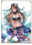  1girl artist_name artist_request beatrix_(granblue_fantasy) bikini blue_bikini blue_ribbon breasts brown_eyes brown_hair card_(medium) character_name choker cleavage collarbone floating_hair granblue_fantasy groin hair_ribbon highres holding holding_weapon large_breasts long_hair looking_at_viewer navel page_number ribbon sarong see-through shiny shiny_skin smile solo standing sweatdrop swimsuit sword tears very_long_hair weapon wrist_cuffs 