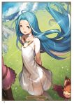  2girls absurdly_long_hair ahoge animal arms_behind_back artist_name black_legwear blue_eyes blue_hair card_(medium) character_name collarbone day dress floating_hair granblue_fantasy highres long_hair lyria_(granblue_fantasy) multiple_girls outdoors page_number pink_dress pleated_dress see-through_silhouette shiny shiny_hair short_dress sleeveless sleeveless_dress sparkle standing strapless strapless_dress thigh-highs vee_(granblue_fantasy) very_long_hair white_dress 