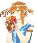  1boy apple armband blonde_hair blush collarbone earrings eating eyelashes fingerless_gloves food fruit gloves green_eyes hair_tie holding holding_food honey jewelry link looking_at_viewer marker_(medium) open_mouth photo pointy_ears roda_(roda826) shirt short_ponytail short_sleeves simple_background solo teeth the_legend_of_zelda the_legend_of_zelda:_breath_of_the_wild third-party_edit traditional_media tunic upper_body waifu2x white_background 
