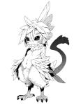  1girl blush breasts claws commentary_request covered_mouth feathers fur_collar greyscale hair_between_eyes harpy monochrome monster_girl navel nude nukomasu original simple_background small_breasts solo tail white_background wings 