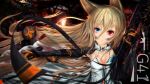  1girl animal_ears armor artist_name assault_rifle bangs black_gloves blonde_hair blood blood_splatter blue_eyes blue_flower blue_rose blurry breasts character_name cleavage closed_mouth collarbone dirt dirty_face dress expressionless eyebrows_visible_through_hair floating_hair flower g41_(girls_frontline) girls_frontline gloves gun h&amp;k_g41 hair_between_eyes hair_ornament heckler_&amp;_koch heterochromia highres holding holding_gun holding_weapon kayjae light_particles long_hair looking_at_viewer magazine_(weapon) open_clothes open_dress red_eyes reloading rifle rose sidelocks small_breasts solo sparks symbol-shaped_pupils twintails underwear very_long_hair weapon white_dress 