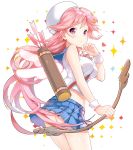  1girl arrow ass between_breasts blue_sailor_collar blush commentary_request cowboy_shot hand_up hat holding_bow looking_at_viewer original pink_eyes pink_hair pleated_skirt quiver sailor_collar school_uniform serafuku shirt sibyl skirt sleeveless solo strap_cleavage white_hat white_shirt wings wristband 