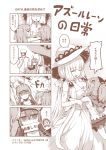  &gt;_&lt; 1boy 4girls 4koma :d :o ^_^ absurdres admiral_(azur_lane) ahoge azur_lane bare_shoulders blush breasts camisole cleavage clenched_teeth closed_eyes closed_mouth comic commentary_request coughing covered_mouth crown dress elbow_gloves gloves hair_ribbon hat headbutt heart helena_(azur_lane) highres holding holding_sign hug illustrious_(azur_lane) jacket javelin_(azur_lane) jitome large_breasts long_hair long_sleeves military_hat military_jacket mini_crown monochrome multiple_girls one_side_up open_mouth pants peaked_cap pleated_skirt ponytail ribbon sign skirt smile strapless strapless_dress tamashii_yuu teeth translation_request unicorn_(azur_lane) very_long_hair watermark web_address 