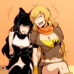  2girls ^_^ ahoge arm_grab arm_support black_footwear black_hair blake_belladonna blonde_hair bow breasts cleavage closed_eyes hair_bow large_breasts long_hair lowres midriff multiple_girls navel orange_scarf rwby scarf sumiwow yang_xiao_long 