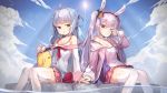 2girls :&lt; ahoge animal_ears azur_lane bangs blue_hair blue_sky blunt_bangs breasts camisole cleavage day english_commentary eyebrows_visible_through_hair fake_animal_ears hairband hand_holding heterochromia highres laffey_(azur_lane) long_hair long_sleeves looking_at_viewer low_twintails mole mole_under_eye multiple_girls newey nicholas_(azur_lane) off_shoulder one_eye_closed parted_lips pleated_skirt purple_hair rabbit_ears red_eyes sailor_collar sailor_shirt shirt sitting skirt sky sleeves_past_wrists small_breasts soaking_feet strap_slip thigh-highs triangle_mouth twintails white_legwear yellow_eyes zettai_ryouiki 