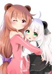  2girls ;) agung_syaeful_anwar ahoge animal_ears bangs bare_shoulders bear_ears black_dress blush bow brown_hair closed_mouth commentary dress eyebrows_visible_through_hair green_eyes grey_ribbon hair_between_eyes hair_bow hair_ribbon long_hair looking_at_viewer multiple_girls off-shoulder_shirt one_eye_closed one_side_up original panda_ears parted_lips pink_shirt purple_bow ribbon shirt silver_hair simple_background smile very_long_hair violet_eyes white_background white_shirt 