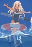  1girl blonde_hair blue_eyes blue_sky crop_top day flower full_body hair_flower hair_ornament kantai_collection lifebuoy long_hair looking_at_viewer one-piece_tan open_mouth outdoors outstretched_arms ro-500_(kantai_collection) s.o_chin sailor_collar sandals school_swimsuit sky smile solo swimsuit swimsuit_under_clothes tan tanline torpedo water 