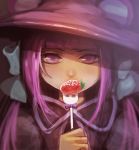  1girl bangs blunt_bangs covered_mouth food fork fruit hand_up hat holding looking_at_viewer original purple_hair purple_hat sibyl solo strawberry violet_eyes 