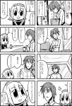  1boy 1girl 3ldkm 4koma :d android arms_on_table bangs bkub blunt_bangs blush box comic corded_phone cup eyebrows_visible_through_hair fumimi greyscale hair_between_eyes holding holding_box holding_phone light_switch maid maid_headdress messy_hair monochrome multiple_4koma open_door open_mouth phone shirt short_hair simple_background smile speech_bubble speed_lines steam sweatdrop table talking translation_request tsuneda two-tone_background two_side_up 
