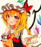  1girl :d ascot bangs blonde_hair blush bow eyebrows_visible_through_hair flandre_scarlet hat hat_bow long_hair looking_at_viewer mob_cap open_mouth puffy_short_sleeves puffy_sleeves qqqrinkappp red_bow red_eyes shikishi short_sleeves side_ponytail signature simple_background smile solo touhou traditional_media upper_body white_hat 