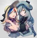  2girls :d beret blonde_hair blue_eyes blue_hair blush bow breast_press breasts cleavage commandant_teste_(kantai_collection) commentary_request dress elbow_gloves gloves grey_hair hair_over_one_eye hat hat_ribbon kantai_collection long_hair looking_at_viewer medium_breasts multicolored_hair multiple_girls no_bra open_mouth redhead ribbon scarf seaplane_tender_water_hime shinkaisei-kan simple_background sleeveless sleeveless_dress smile streaked_hair sun_hat symmetrical_docking upper_body walzrj white_hair yellow_eyes 