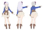  1girl bangs blue_eyes boots breasts brown_footwear closed_mouth commentary_request contemporary contrapposto flower from_behind gloves grey_hair hair_flower hair_ornament high_heel_boots high_heels holster layered_skirt legband long_hair long_sleeves looking_at_viewer medium_breasts multiple_views nagisa_kurousagi original parted_bangs purple_flower purple_rose rose simple_background skirt standing white_background white_gloves 