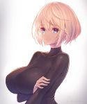  1girl bangs blonde_hair breast_hold breasts covered_collarbone eyebrows_visible_through_hair fingernails gradient gradient_background highres large_breasts long_sleeves looking_at_viewer nadare-san_(nadare3nwm) original short_hair sidelocks signature simple_background smile solo turtleneck upper_body 