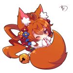  1girl ahoge animal_ears bangs bell blue_flower blush brown_eyes brown_hair chibi commentary_request covered_mouth eyebrows_visible_through_hair flower fox_ears fox_girl fox_tail fur_collar hair_between_eyes hair_flower hair_ornament japanese_clothes jingle_bell kimono korin_(shironeko_project) long_hair long_sleeves looking_at_viewer muuran one_eye_closed orange_flower red_flower ribbon-trimmed_sleeves ribbon_trim shironeko_project signature simple_background solo tail very_long_hair white_background white_kimono wide_sleeves 