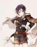  1boy akagi_shun armor black_gloves black_hair gloves japanese_armor kiwame_(touken_ranbu) male_focus military military_uniform necktie sheath shorts sode solo sword tantou touken_ranbu uniform unsheathing violet_eyes weapon yagen_toushirou 