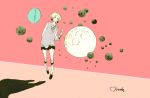  1girl black_eyes blonde_hair earrings graphite_(medium) jewelry makkamu mechanical_pencil moon original pencil pink_background shadow short_hair signature skirt surreal sweater traditional_media 