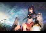  1girl animal animal_ears bare_legs bird black_hair blurry_foreground brooch clouds cloudy_sky collaboration commentary_request de_(hato0125) fang grass hair_between_eyes harutask highres imaizumi_kagerou jewelry letterboxed long_hair long_sleeves looking_at_viewer mountain night night_sky open_mouth petting red_eyes red_skirt shirt sitting skirt sky smile solo star_(sky) starry_sky touhou white_shirt wolf wolf_ears 