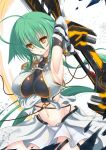  1girl ahoge antenna_hair arm_up armor armpits artist_request breasts cleavage green_hair highres knight large_breasts long_hair navel original skirt solo sword weapon yellow_eyes 
