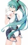  1girl aqua_eyes aqua_hair ass eyebrows_visible_through_hair food from_behind gloves hatsune_miku headphones highres lanzero long_hair looking_at_viewer microphone pocky solo sportswear twintails vocaloid white_gloves 