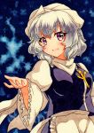  1girl bangs blush eyebrows_visible_through_hair hat juliet_sleeves letty_whiterock long_sleeves looking_at_viewer open_mouth puffy_sleeves qqqrinkappp sample scarf short_hair solo touhou traditional_media upper_body violet_eyes white_hair white_hat white_scarf 