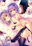 2girls :d apron bare_arms bare_shoulders bat_hair_ornament bat_wings black_apron black_bra black_legwear blue_eyes blue_hair blue_ribbon bra breasts collarbone commentary_request eyebrows_visible_through_hair feet_out_of_frame fork hair_between_eyes hair_brush hair_ornament hug hug_from_behind izayoi_sakuya kirero lingerie looking_at_viewer lying maid_headdress medium_breasts multiple_girls navel no_hat no_headwear on_side open_mouth panties parted_lips pastry pink_bra pink_panties plate pocket_watch pointy_ears red_eyes remilia_scarlet ribbon shirt shirt_removed short_hair silver_hair smile sparkle stomach thigh-highs touhou underwear underwear_only waist_apron watch white_shirt wings yuri 