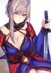  1girl absurdres asymmetrical_hair blue_eyes blue_kimono breasts cleavage closed_mouth commentary_request detached_collar detached_sleeves earrings eyebrows_visible_through_hair fate/grand_order fate_(series) hair_ornament highres holding holding_sword holding_weapon japanese_clothes jewelry katana kimono large_breasts looking_at_viewer miyamoto_musashi_(fate/grand_order) nanakaku navel navel_cutout obi ponytail sash short_kimono sitting sleeveless sleeveless_kimono smile sword unsheathed weapon wide_sleeves 