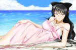  1girl absurdres alfred_cullado bikini bird black_hair blake_belladonna blue_sky breasts clouds day hand_on_hip highres huge_filesize long_hair medium_breasts o-ring o-ring_bikini ocean paid_reward partially_submerged patreon_reward rwby see-through sky solo strap_slip swimsuit water white_bikini yellow_eyes 