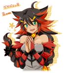  1girl :d ahoge aqua_eyes bare_shoulders black_hair blush braid character_name choker dress grey_dress hair_ornament hairclip hatsuru_826 incineroar long_hair looking_at_viewer low-tied_long_hair multicolored_hair open_mouth personification plaid pokemon redhead simple_background smile solo spiky_hair striped two-tone_hair very_long_hair yellow_sclera 