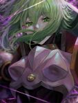  1girl absurdres armor doll_joints duel_monster el_shaddoll_winda eyebrows_visible_through_hair floating_hair green_eyes green_hair highres joints long_hair looking_down milmir puppet_strings solo string upper_body yu-gi-oh! 