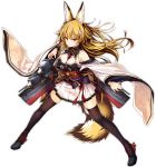  1girl animal_ears azur_lane bangs bare_shoulders black_legwear blonde_hair bow breasts detached_sleeves dress floating_hair floral_print flower fox_ears fox_tail full_body grey_footwear hair_between_eyes hair_flower hair_ornament jianren legs_apart long_hair long_sleeves machinery medium_breasts obi official_art open_mouth pleated_dress remodel_(azur_lane) sash sendai_(azur_lane) short_dress simple_background solo tachi-e tail thigh-highs tsurime turret white_background white_dress white_flower wide_sleeves yellow_eyes zettai_ryouiki 