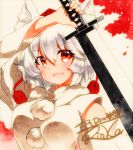  1girl animal_ears arm_up bangs breasts detached_sleeves eyebrows_visible_through_hair hair_between_eyes hat holding holding_sword holding_weapon inubashiri_momiji looking_at_viewer medium_breasts pom_pom_(clothes) qqqrinkappp red_eyes red_hat shikishi short_hair signature solo sword tokin_hat touhou traditional_media upper_body weapon white_hair wolf_ears 