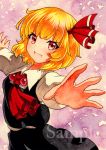 1girl ascot bangs black_skirt blonde_hair blush bow brown_eyes eyebrows_visible_through_hair hair_bow long_sleeves looking_at_viewer open_mouth outstretched_arms qqqrinkappp red_bow rumia sample short_hair skirt skirt_set smile solo touhou traditional_media 