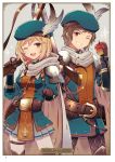  1boy 1girl ;d apple artist_name ayt belt black_pants blue_hat brown_eyes brown_hair card_(medium) character_name cowboy_shot djeeta_(granblue_fantasy) eyebrows_visible_through_hair food fruit gran_(granblue_fantasy) granblue_fantasy grey_background grey_feathers grey_skirt grin gun hair_between_eyes hat hat_feather highres holding holding_fruit holding_gun holding_weapon looking_at_viewer miniskirt one_eye_closed open_mouth page_number pants pleated_skirt rifle short_hair skirt smile sparkle standing weapon 