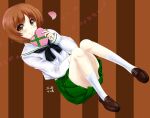  1girl absurdres alternate_legwear artist_name bangs black_neckwear blouse blush brown_background brown_eyes brown_footwear brown_hair closed_mouth commentary_request eyebrows_visible_through_hair floating gift girls_und_panzer green_skirt heart highres holding holding_gift loafers long_sleeves looking_at_viewer miniskirt neckerchief nishizumi_miho ooarai_school_uniform partial_commentary pleated_skirt sailor_collar school_uniform shoes short_hair signature skirt smile socks solo striped striped_background valentine vertical_stripes white_blouse white_legwear white_sailor_collar zaofeng 