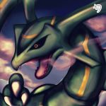  black_sclera blue_sky claws clouds day fangs gen_3_pokemon highres looking_at_viewer muuran no_humans open_mouth orange_eyes outdoors pokemon pokemon_(creature) profile rayquaza signature sky smoke solo 