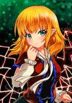  1girl arm_warmers bangs blonde_hair blush closed_mouth eyebrows_visible_through_hair green_eyes looking_at_viewer mizuhashi_parsee pointy_ears qqqrinkappp sample short_sleeves solo touhou traditional_media upper_body 