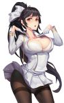  1girl :o aiguillette azur_lane bangs black_hair black_legwear blunt_bangs blush bow bra breasts brown_eyes buttons cleavage cowboy_shot crotch_seam double-breasted fanning_face gloves hair_bow hair_flaps half_gloves highres hot jacket_tug large_breasts long_hair looking_at_viewer medal military military_uniform open_mouth panties pantyhose pantyshot pantyshot_(standing) pleated_skirt ponytail sidelocks simple_background skirt small-9 solo standing sweat sweatdrop takao_(azur_lane) thighband_pantyhose unclasped underwear uniform very_long_hair white_background white_bow white_bra white_gloves white_panties wind wind_lift 