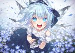  1girl bangs blue_background blue_bow blue_dress blue_eyes blue_flower blue_hair bow cirno colored_eyelashes commentary_request detached_sleeves dress embellished_costume eyebrows_visible_through_hair eyelashes field floating_hair flower flower_field from_above hair_bow highres holding ice ice_wings looking_at_viewer open_mouth signature smile solo sparkle striped teeth tongue touhou toutenkou wind wings 