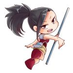  1girl akaji_(alpha0107) black_hair boku_no_hero_academia brown_eyes chibi looking_at_viewer looking_back no_nose open_mouth pole ponytail red_footwear red_shirt shirt single_sidelock sleeveless sleeveless_shirt solo white_background yaoyorozu_momo 