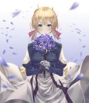  1girl blonde_hair blue_background blue_eyes blue_flower blush bouquet breasts closed_mouth expressionless eyelashes flower gauntlets gloves gradient gradient_background hair_between_eyes hair_ribbon holding holding_flower juliet_sleeves kinty long_sleeves looking_at_viewer medium_breasts own_hands_together petals puffy_sleeves red_ribbon ribbon single_gauntlet single_glove skirt solo uniform violet_evergarden violet_evergarden_(character) white_skirt wind 