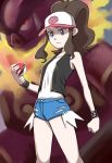  1girl antenna_hair arm_at_side bare_shoulders baseball_cap black_vest blue_eyes blue_shorts breasts brown_hair closed_mouth cowboy_shot cutoffs emboar eyelashes frown gen_5_pokemon gooberman_(kdk5011) hand_up hat high_ponytail holding holding_poke_ball legs_apart long_hair open_clothes open_vest poke_ball poke_ball_(generic) poke_ball_theme pokemon pokemon_(creature) pokemon_(game) pokemon_bw shirt shorts sidelocks small_breasts solo standing tank_top touko_(pokemon) vest white_hat white_shirt wristband 