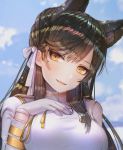  1girl animal_ears atago_(azur_lane) azur_lane bangs black_hair blue_sky blush breasts brown_eyes buttons closed_mouth clouds double-breasted epaulettes eyebrows_visible_through_hair fang fox_ears gloves hair_ornament hair_over_shoulder hair_ribbon half-closed_eyes hanato_(seonoaiko) hand_on_own_chest head_tilt high_collar highres jacket large_breasts light_particles long_hair looking_at_viewer makeup military military_uniform mole mole_under_eye ocean parted_lips ribbon sky smile solo sparkle static swept_bangs thigh-highs uniform very_long_hair water_drop wet white_gloves white_jacket white_ribbon 