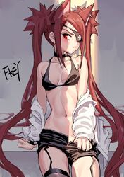  &gt;:( 1girl animal_ears artist_name bare_arms bare_shoulders black_bikini_top black_choker black_shorts blush bracelet breasts cat_ears choker cleavage collarbone cowboy_shot earrings eyepatch fkey garter_straps grabbing highres jewelry long_hair long_sleeves navel off_shoulder original red_eyes redhead shirt short_shorts shorts sidelocks signature sitting skull_print small_breasts solo spiked_bracelet spikes stomach thigh-highs turning_head twintails v-shaped_eyebrows very_long_hair white_shirt 