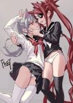  2girls arm_up artist_name bangs black_legwear black_serafuku blush brown_hair eyepatch fang fkey grey_background grey_hair hand_on_another&#039;s_face highres long_hair long_sleeves multiple_girls no_pants open_mouth original panties parted_lips red_eyes redhead school_uniform serafuku sidelocks signature simple_background smile standing thigh-highs thighs tsurime twintails underwear very_long_hair white_legwear white_panties 